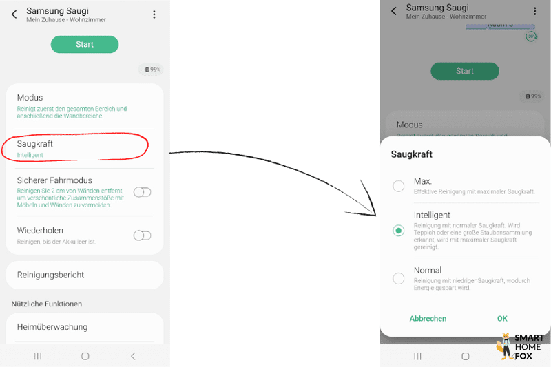 Die Saugkrafteinstellungen werden in der Samsung Jet Bot AI App ausgewählt.
